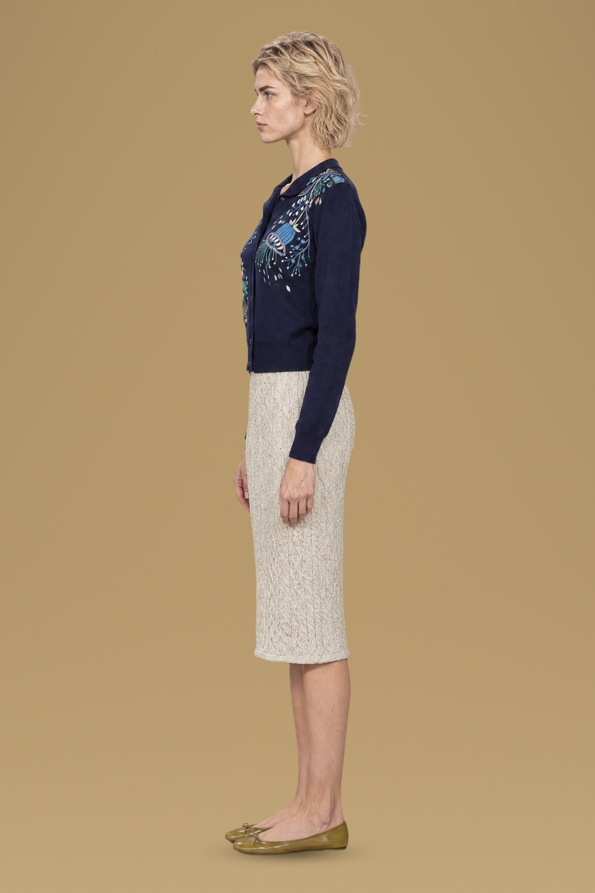 Navy hand-embroidered Rebecchina cardigan, side view